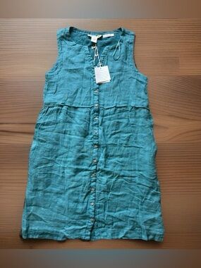 C&C California Size S Button-Down Linen Sleeveless Sundress – Teal Blue